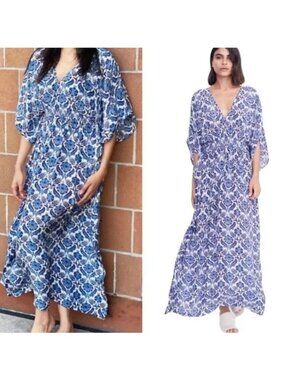 Rujuta Sheth x Anthropologie Marie White Blue Lotus Maxi Kaftan Dress - S / M